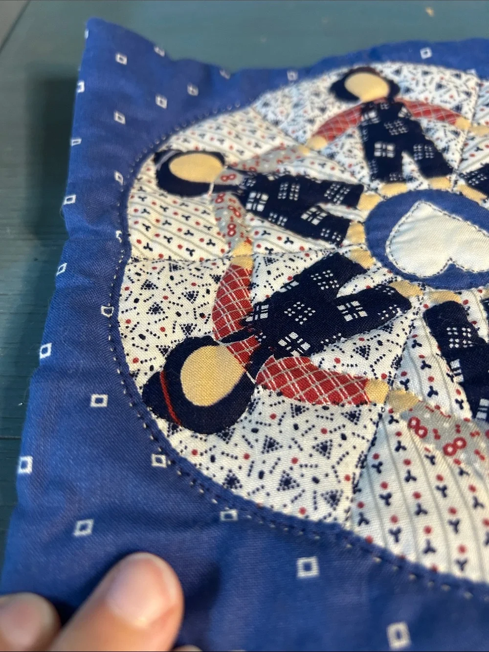 Handcrafted Blue Quilted Pot Holder with Heart Medallion | Farmhouse/Country 8x8